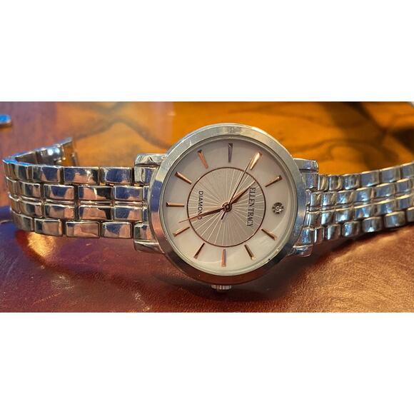 Women's 35mm Silver Tone Ellen Tracy Diamond Watch, Mop Face - Picture 2 of 4
